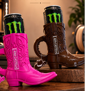 Porta-latas personalizados em formato de botas rosa e marrom