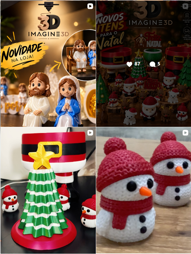 Decoração natalina impressa em 3D com árvore de Natal e bonecos de neve